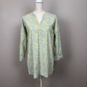 Needham Lane Tunic Small Green Multi Floral V-Neck Split Hem Cotton Top
